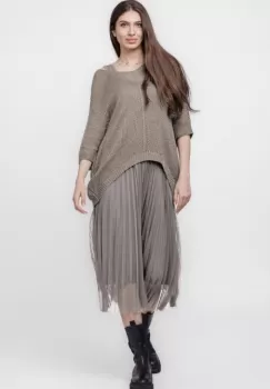 Rochie suprapusa cu puloveras si tulle plisat, bej inchis imagine