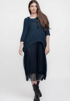 Rochie suprapusa cu puloveras si tulle plisat, bleumarin imagine