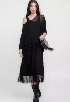 Rochie suprapusa cu puloveras si tulle plisat, neagra imagine
