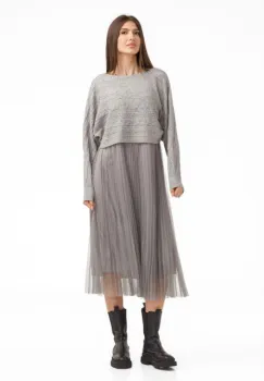 Rochie suprapusa din tulle cu bulinute cu puloveras cu model, gri imagine