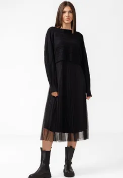 Rochie suprapusa din tulle cu bulinute cu puloveras cu model, neagra imagine