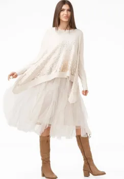 Rochie suprapusa din tulle, cu pulover in colturi oversize cu ploaie de paiete, bej imagine