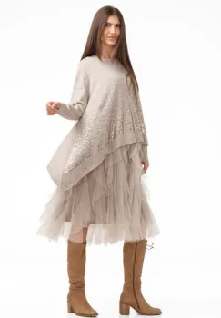 Rochie suprapusa din tulle, cu pulover in colturi oversize cu ploaie de paiete, bej inchis imagine