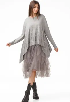 Rochie suprapusa din tulle, cu pulover in colturi oversize cu ploaie de paiete, gri imagine
