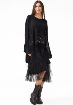 Rochie suprapusa din tulle, cu pulover in colturi oversize cu ploaie de paiete, neagra imagine