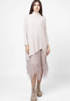 Rochie suprapusa din tulle, cu pulover oversize cu raze, bej imagine