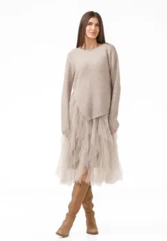 Rochie suprapusa din tulle cu volane cu pulover asimetric cu fermoar, bej imagine