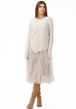 Rochie suprapusa din tulle cu volane cu pulover asimetric cu fermoar, bej ivoire imagine