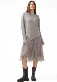 Rochie suprapusa din tulle cu volane cu pulover asimetric cu fermoar, gri imagine