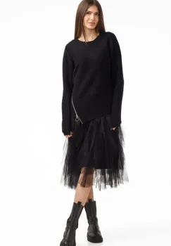 Rochie suprapusa din tulle cu volane cu pulover asimetric cu fermoar, neagra imagine