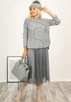 Rochie suprapusa din tulle plisat, cu puloveras, gri imagine