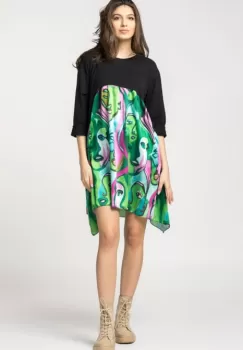 Rochie trendy cu imprimeu chipuri predominant verde, din bumbac imagine