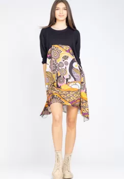 Rochie trendy cu imprimeu pauni, predominant portocaliu imagine