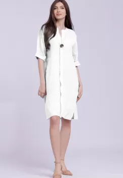 Rochie tunica din in alba, cu nasture metalic decorativ imagine