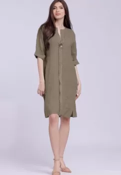 Rochie tunica din in bej inchis, cu nasture metalic decorativ imagine