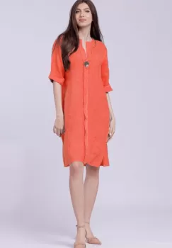 Rochie tunica din in corai, cu nasture metalic decorativ imagine
