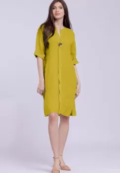 Rochie tunica din in galbena, cu nasture metalic decorativ imagine