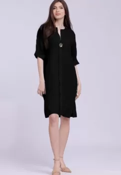 Rochie tunica din in neagra, cu nasture metalic decorativ imagine