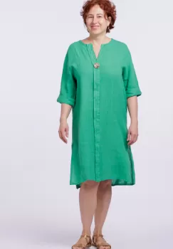 Rochie tunica din in verde, cu nasture metalic decorativ imagine