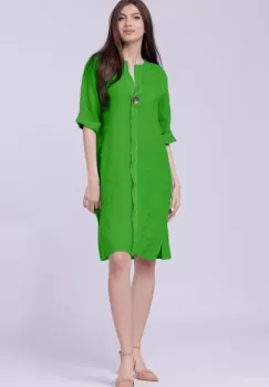 Rochie tunica din in verde deschis, cu nasture metalic decorativ imagine