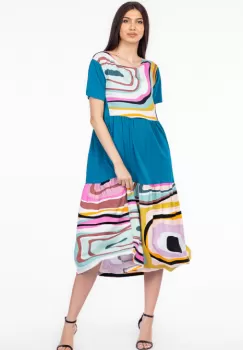 Rochie turcoaz cu platca si doua volane, imprimeu dungi, din bumbac imagine