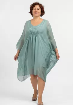 Rochie turcoaz deschis, midi, ampla, din matase naturala, cu detaliu sub bust, in colturi imagine