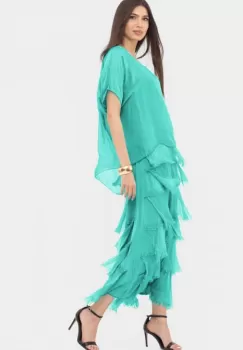 Rochie turcoaz din matase naturala cu volane franjurate suprapuse - Copie imagine