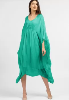 Rochie turcoaz in colturi, lunga, ampla, din matase naturala, cu detaliu sub bust imagine