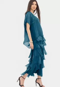 Rochie turcoaz inchis din matase naturala cu volane franjurate suprapuse imagine