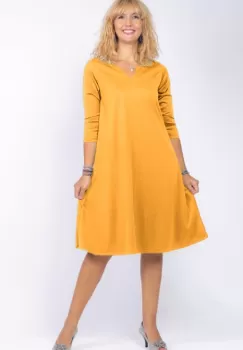 Rochie uni galbena A line midi, cu decolteu traditional imagine