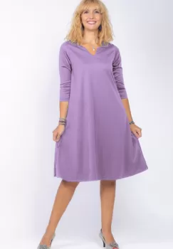 Rochie uni lila A line midi, cu decolteu traditional imagine