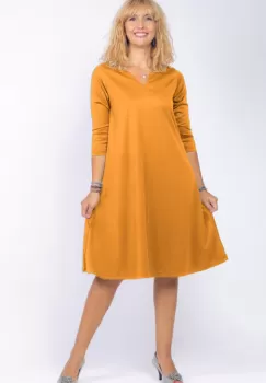 Rochie uni mustar A line midi, cu decolteu traditional imagine