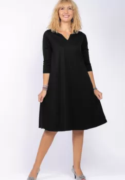 Rochie uni neagra A line midi, cu decolteu traditional imagine