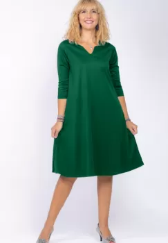 Rochie uni verde inchis A line midi, cu decolteu traditional imagine
