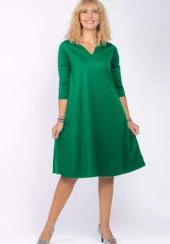 Rochie uni verde intens A line midi, cu decolteu traditional imagine