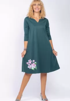 Rochie verde A line midi, cu imprimeu floare picturala imagine
