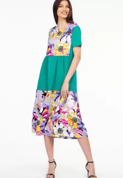 Rochie verde cu platca si doua volane, imprimeu flori mari, din bumbac imagine