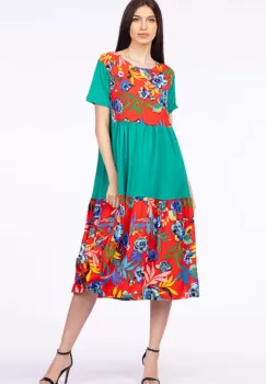 Rochie verde cu platca si doua volane, imprimeu flori tropicale, din bumbac imagine