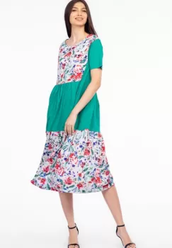 Rochie verde cu platca si doua volane, imprimeu trandafiri, din bumbac imagine