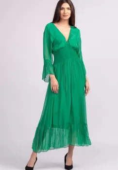 Rochie verde din matase naturala cu banda elastica in talie si volane imagine