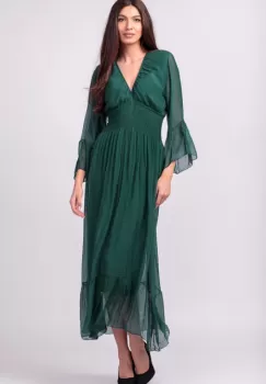 Rochie verde forest din matase naturala cu banda elastica in talie si volane imagine