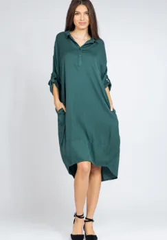 Rochie verde gucci Stella Milani din tencel, cu inel metalic pe spate imagine
