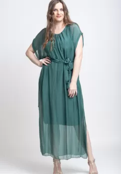 Rochie verde lunga din matase naturala, cu cordon imagine