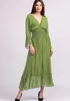 Rochie verde oliv din matase naturala cu banda elastica in talie si volane imagine