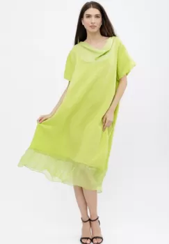 Rochie verde praz usor asimetrica A-line, din in cu guler si volan din matase, oversize imagine