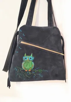 Rucsac bleumarin din piele naturala cu bufnita pictata imagine