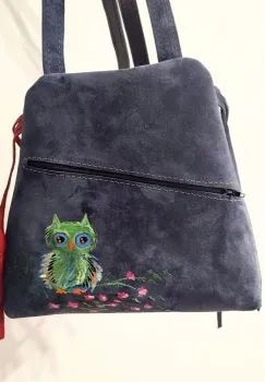 Rucsac bleumarin din piele naturala cu bufnita pictata imagine