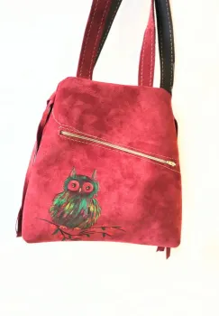 Rucsac Bordeaux handmade din piele naturala cu bufnita pictata imagine