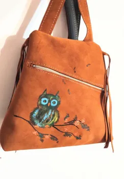 Rucsac din piele naturala camel ,cu bufnita imagine