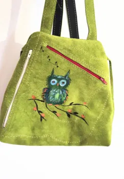 Rucsac din piele naturala olive ,cu bufnita pictata manual imagine